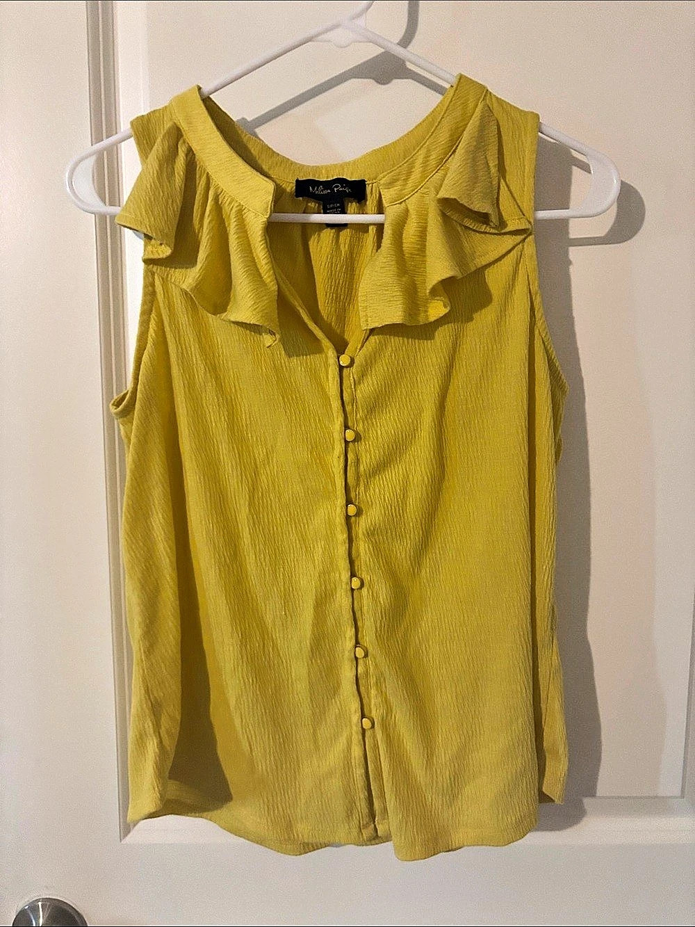 Melissa Paige Yellow Ruffle Front Button Blouse